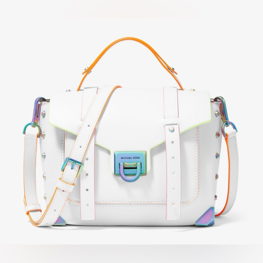 Michael Kors Manhattan Medium Contrast Trim Leather Satchel - Optic White